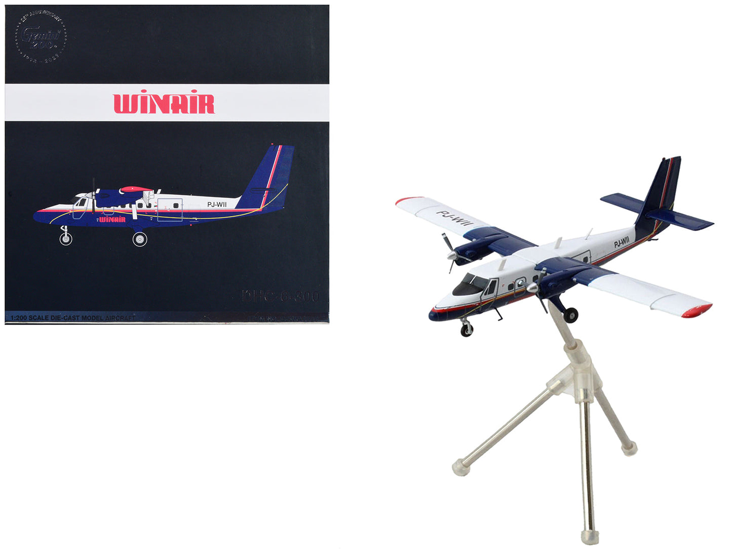 De Havilland DHC-6-300 Commercial Aircraft with Flaps Down "Winair" White and Blue with Red Stripes "Gemini 200" Series 1/200 Diecast Model by GeminiJets free shipping USA