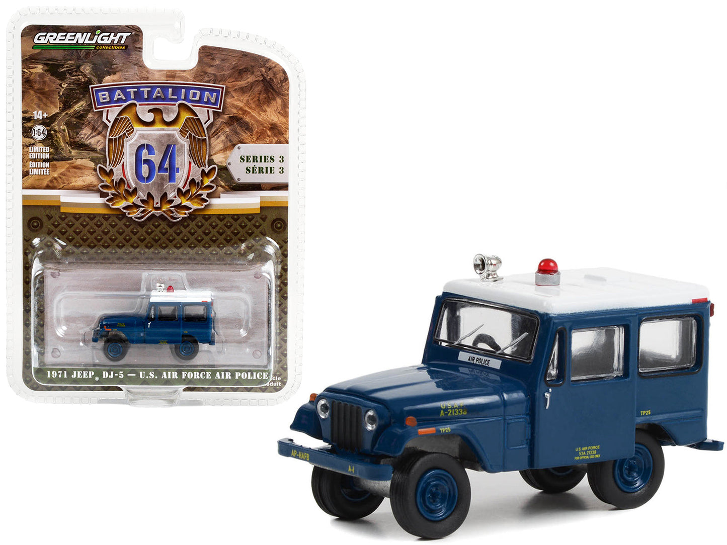 1971 Jeep DJ-5 "U.S. Air Force Air Police" Blue with White Top "Battalion 64" Series 3 1/64 Diecast Model Car by Greenlight free shipping USA