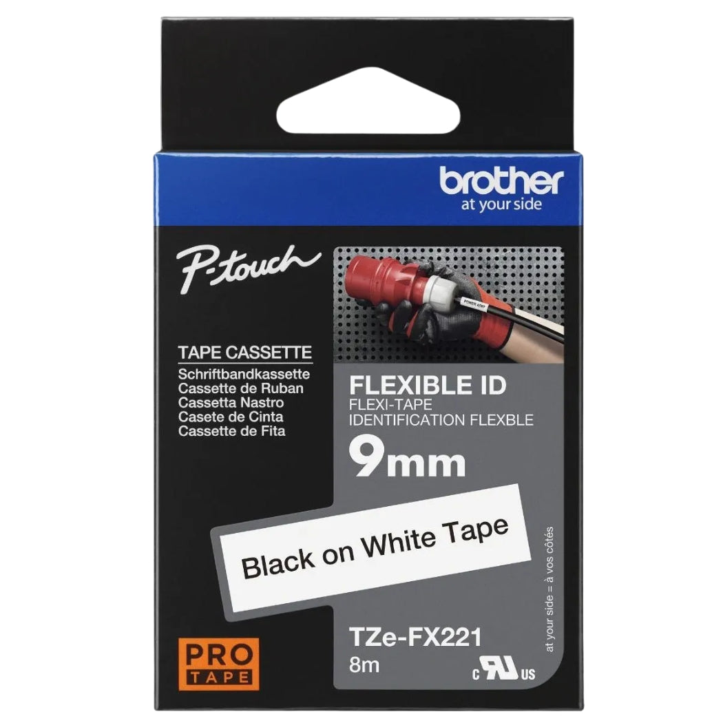 New, Pre-owned, Genuine Brother TZe-FX221 Black on White Flexible ID Laminated Tape for P-touch Label Makers, 9 mm wide x 8 m long