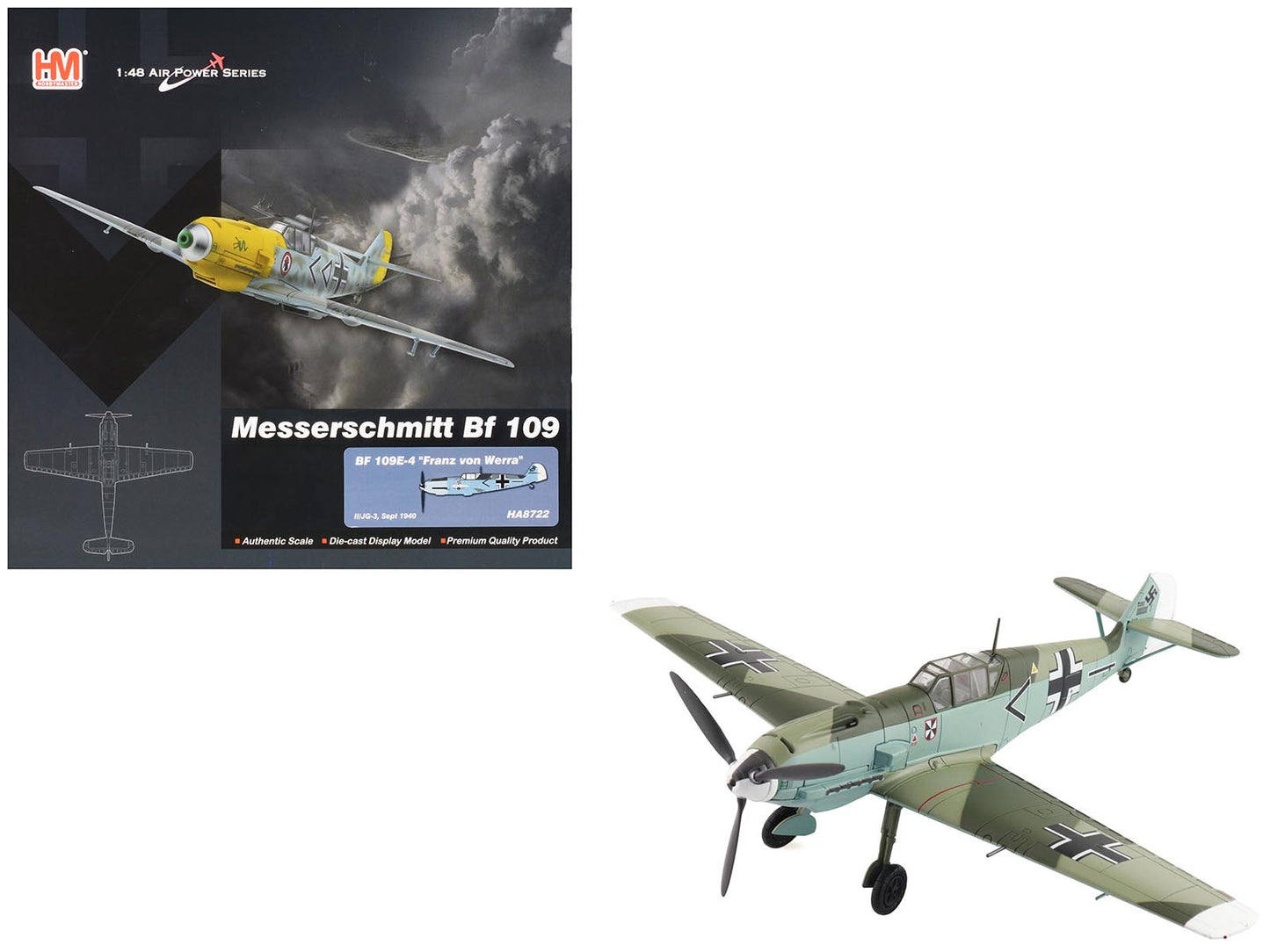 Messerschmitt BF 109E-4 Fighter Aircraft "Franz von Werra II/JG-3" (1940) German Luftwaffe "Air Power Series" 1/48 Diecast Model by Hobby Master free shipping USA