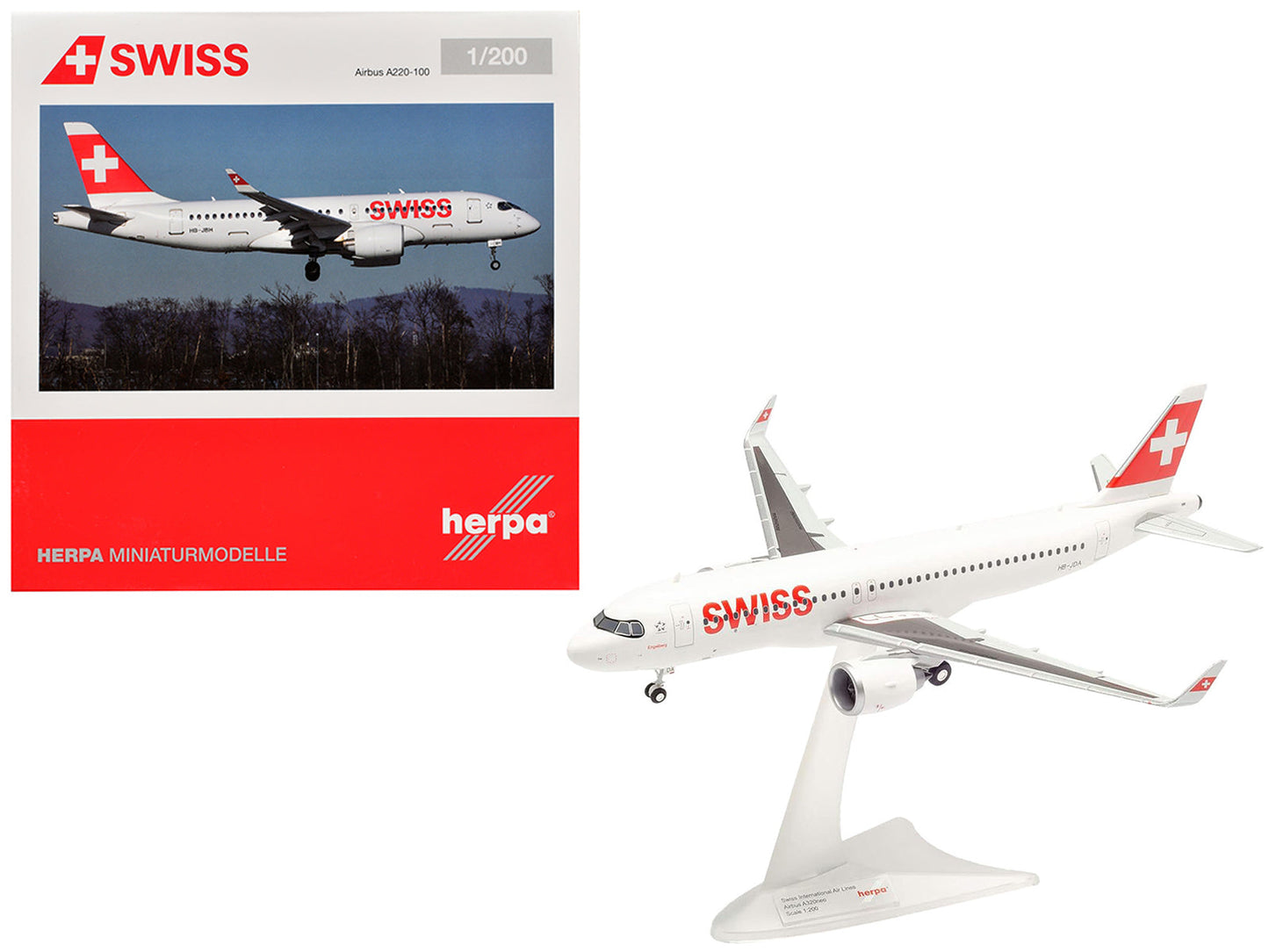 Airbus A220-100 Commercial Aircraft "Swiss International Air Lines" (HB-JBH) White with Red Tail 1/200 Diecast Model Airplane by Herpa free shipping USA