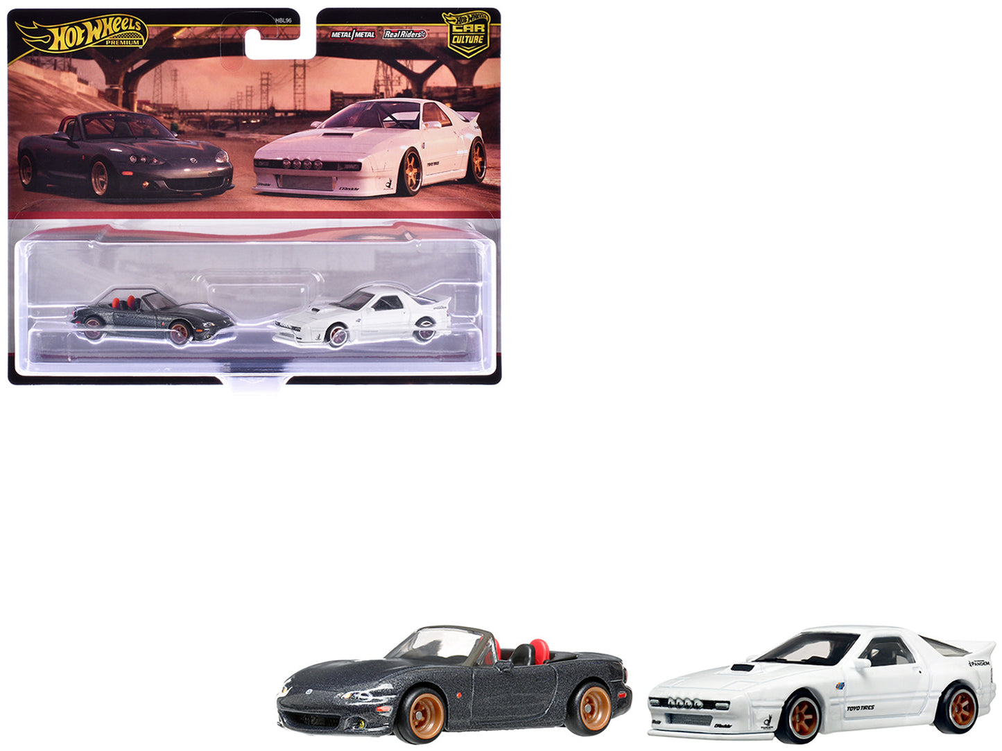 Mazda Mazdaspeed Miata Gray Metallic and Mazda RX7 FC Pandem White "Car Culture" Set of 2 Cars Diecast Model Cars by Hot Wheels free shipping USA