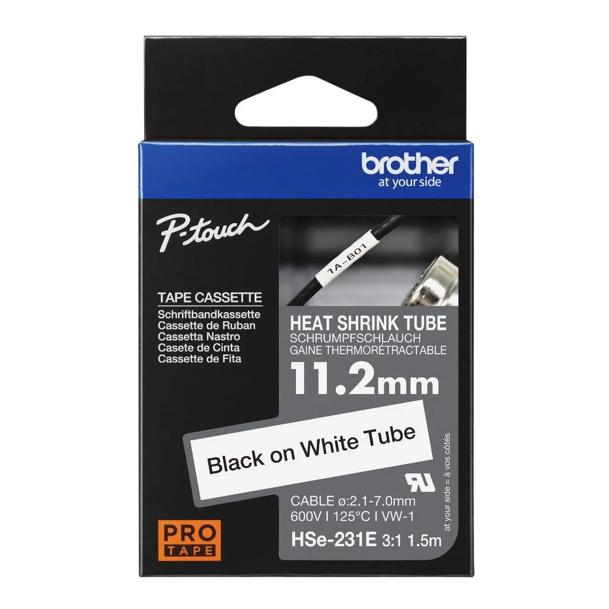 New, Pre-owned, Original Brother HSe231E 11.2mm (0.44in) Black on White 3:1 Heat Shrink Tube