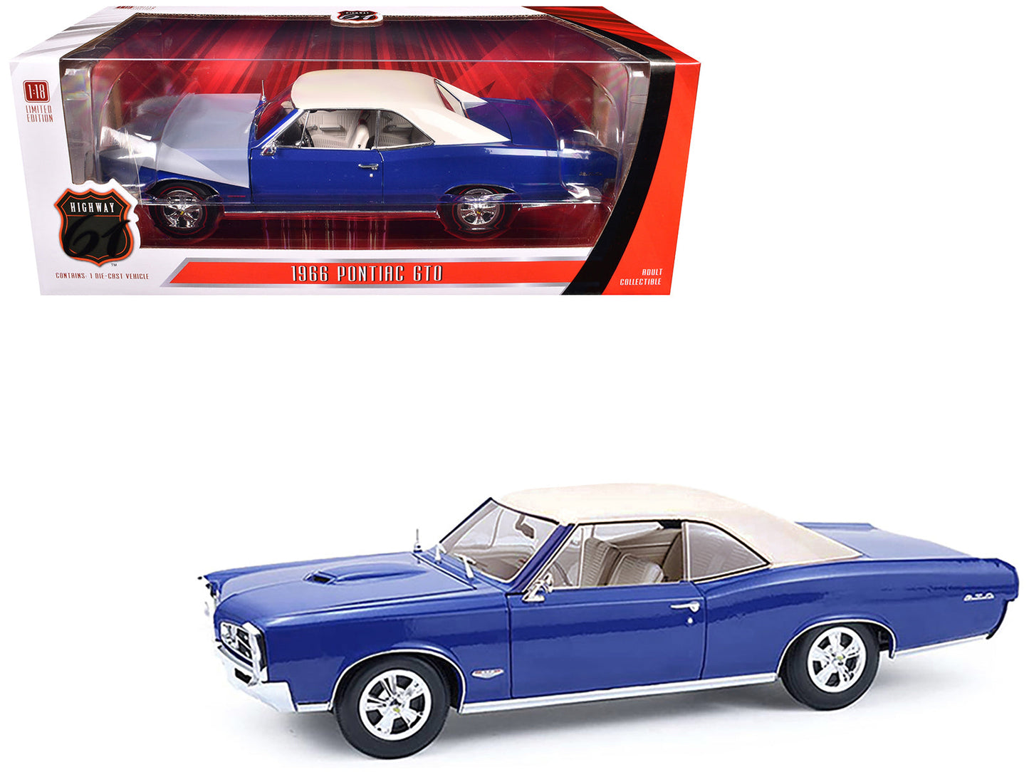 1966 Pontiac GTO Barrier Blue with White Top and Interior 1/18 Diecast Model Car by Highway 61 free shipping USA