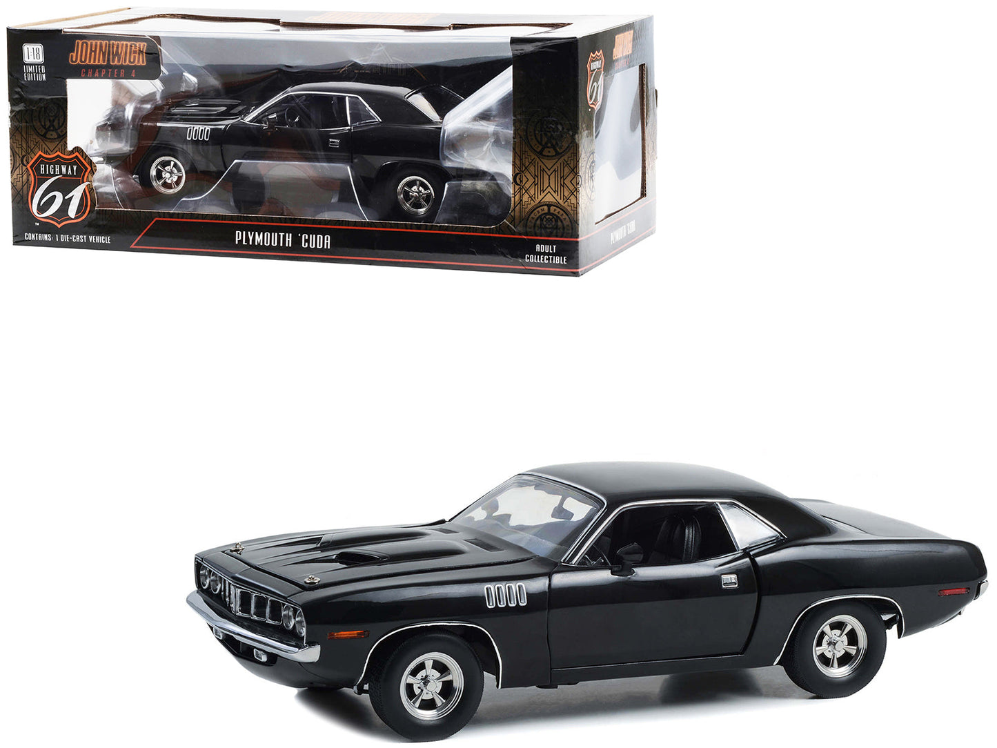 Plymouth Barracuda Black "John Wick: Chapter 4" (2023) Movie 1/18 Diecast Model Car by Highway 61 free shipping USA
