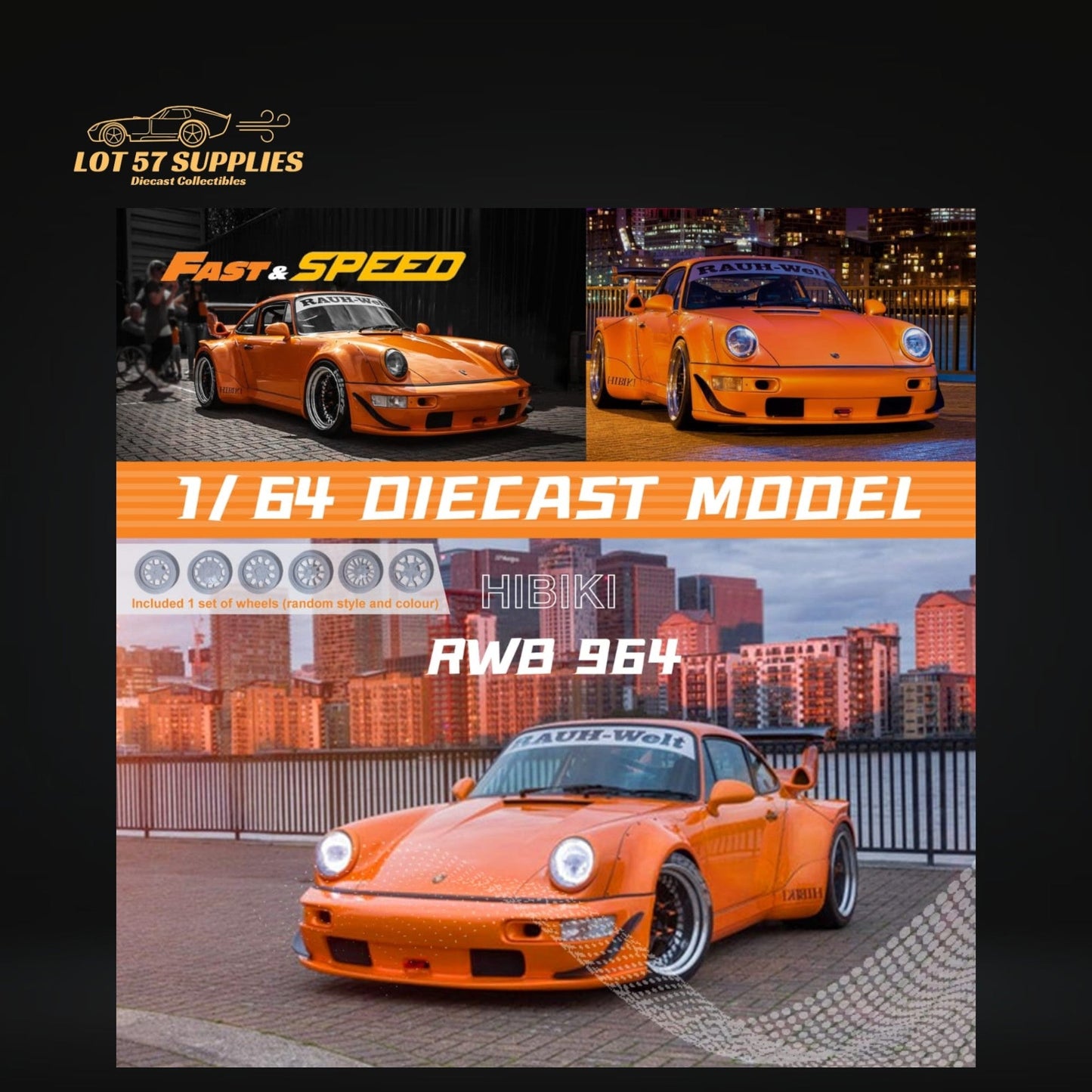 Fast Speed Porsche 964 RWB Widebody Orange 1:64