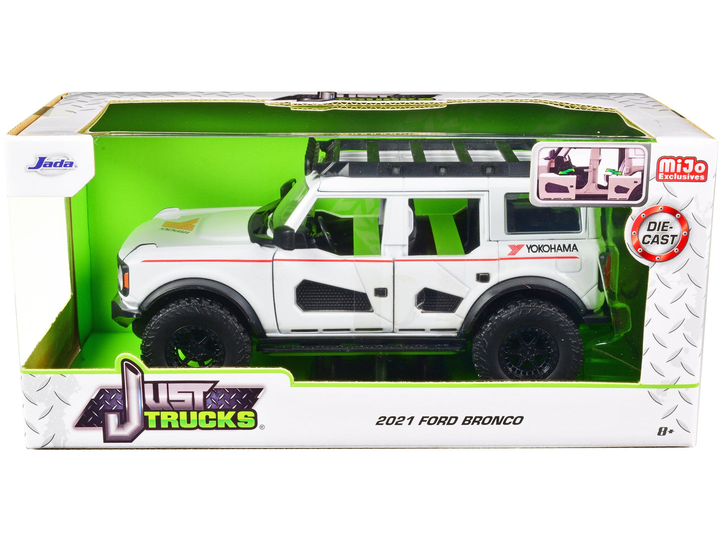 2021 Ford Bronco White with Red Stripes and Roof Rack "Yokohama Tires" "Just Trucks" Series 1/24 Diecast Model Car by Jada free shipping USA