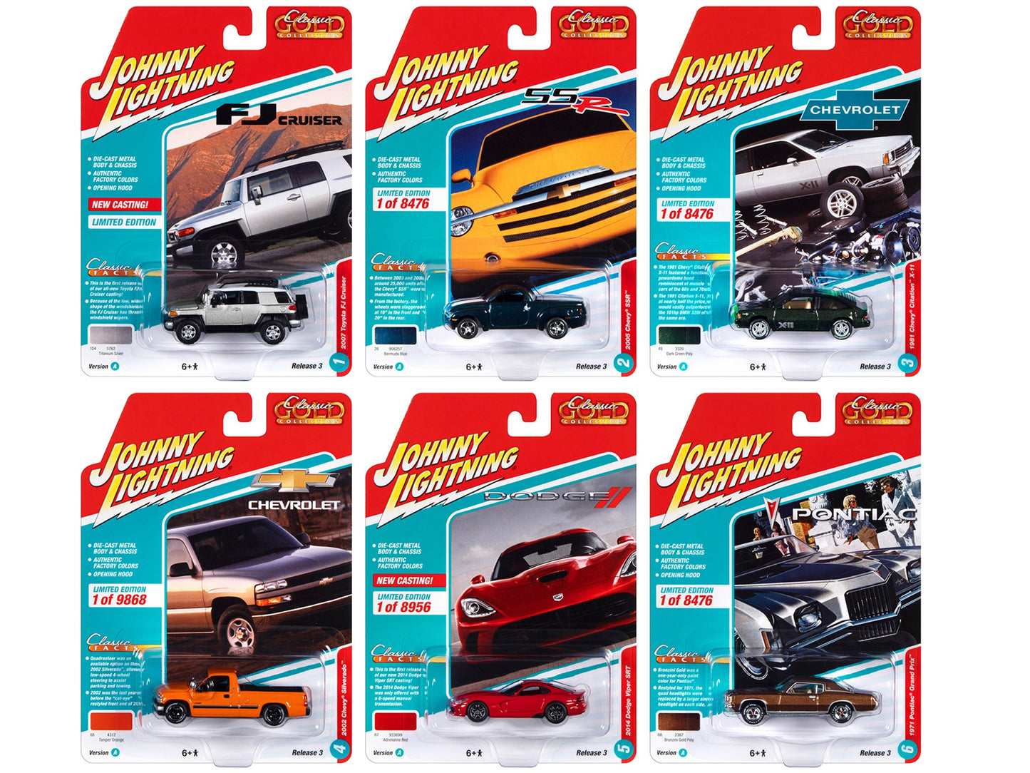 "Classic Gold Collection" 2022 Set A of 6 Cars Release 3 1/64 Diecast Model Cars by Johnny Lightning free shipping USA