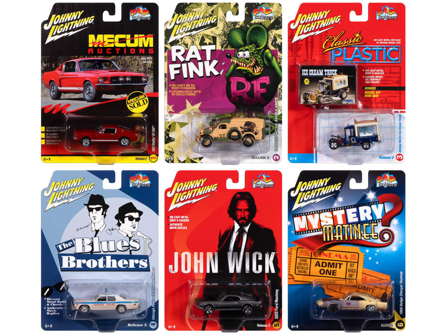 Pop Culture 2024 Set of 6 Cars Release 2 1/64 Diecast Model Cars by Johnny Lightning free shipping USA