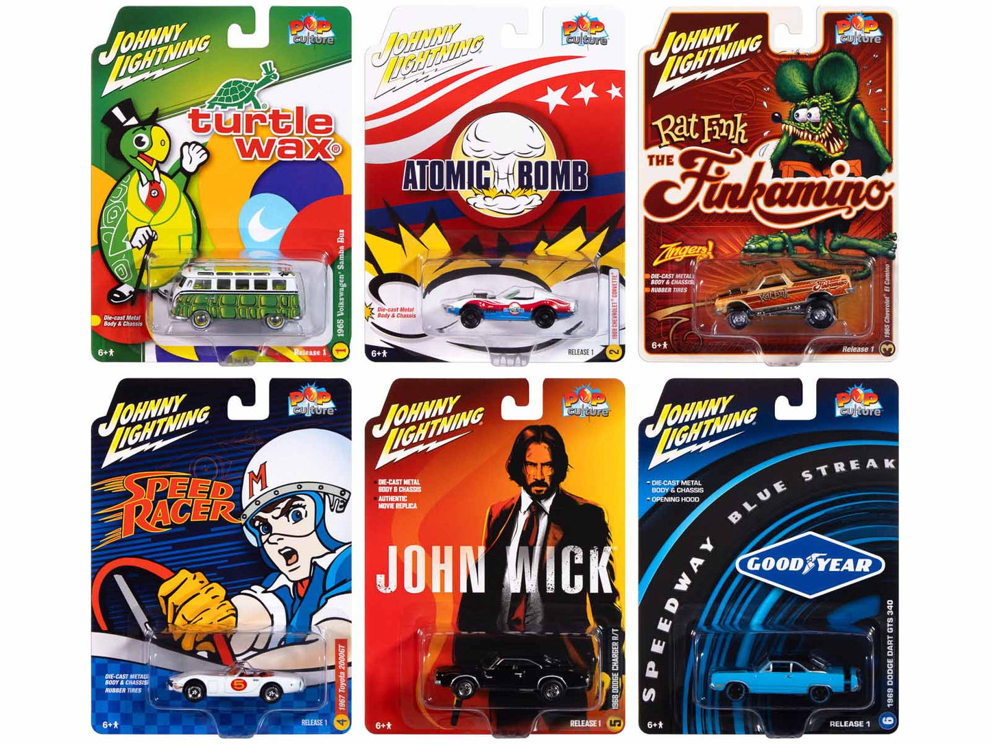 Pop Culture 2025 Set of 6 Cars Release 1 1/64 Diecast Model Cars by Johnny Lightning free shipping USA