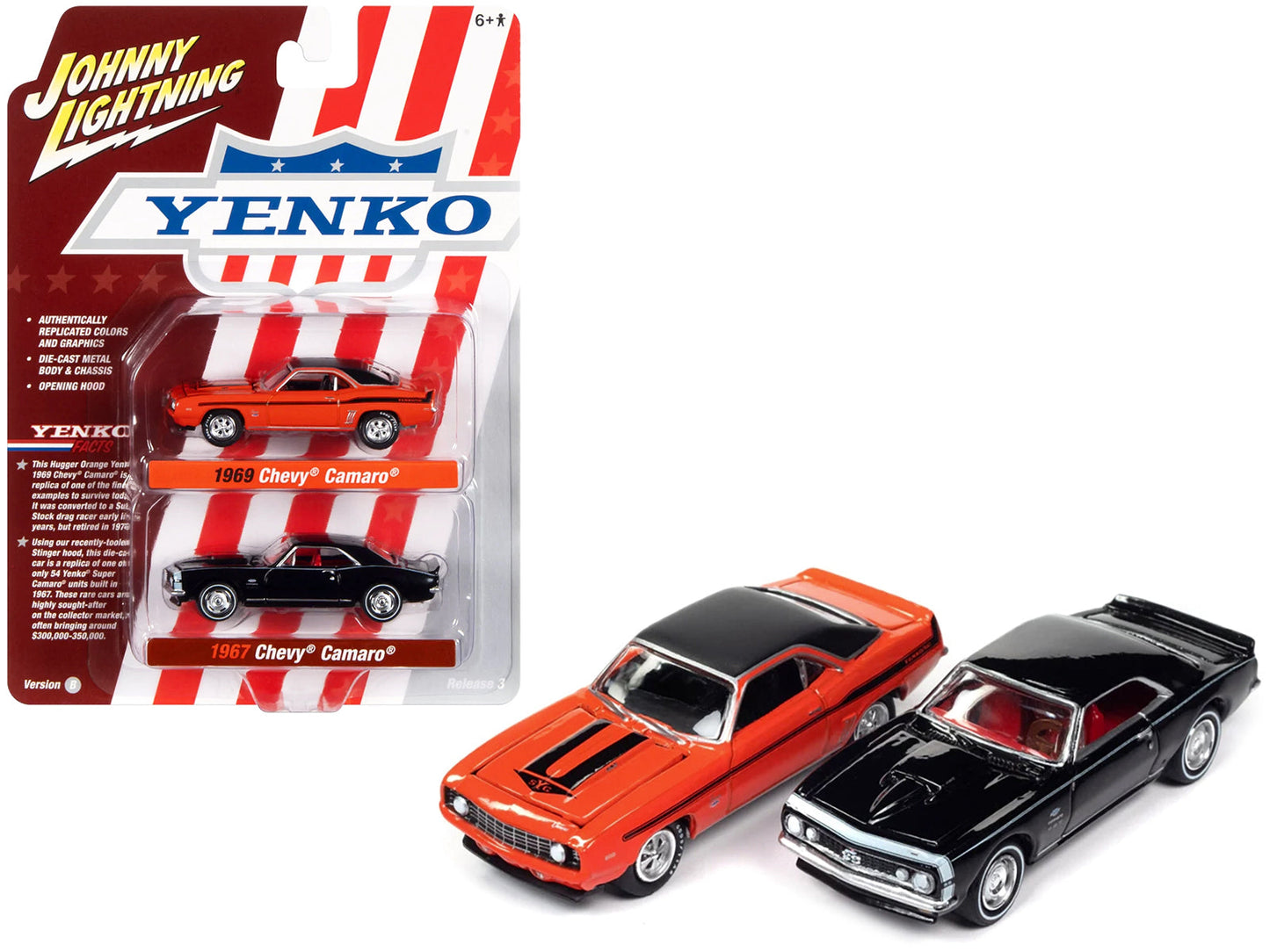 1969 Chevrolet Camaro Hugger Orange with Black Top and Stripes and 1967 Chevrolet Camaro Black with White Stripe and Red Interior "Yenko" Series Set of 2 Cars 1/64 Diecast Model Cars by Johnny Lightning free shipping USA