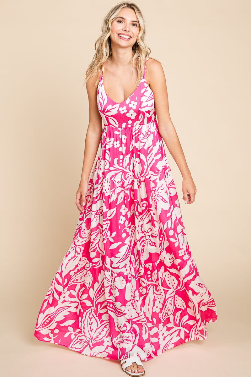 Tropical Print Tiered Satin Maxi Sundress by RolyPoly Apparel