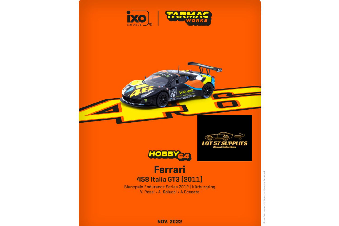 Tarmac Works Hobby64 Ferrari 458 Italia GT3 VR46 T64-073-12BGT646N 1:64