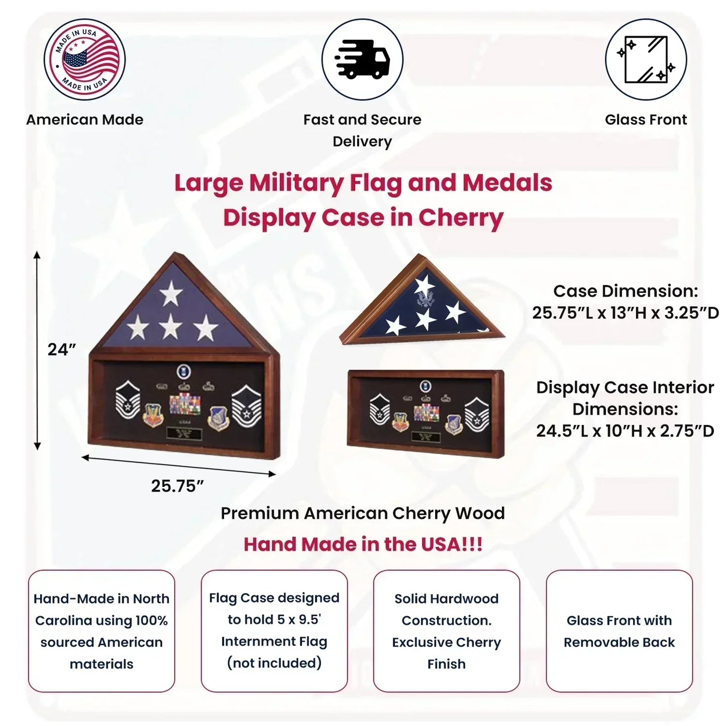 Large Military Flag and Medals Display Case in Cherry 8 ½ x 11 certificate