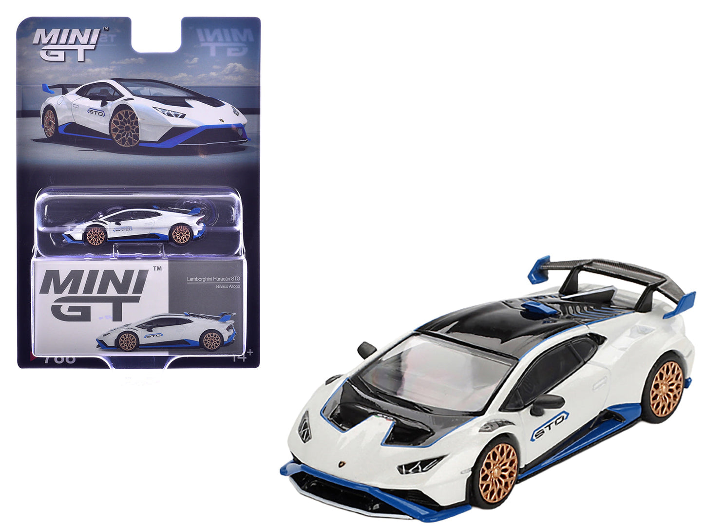 Lamborghini Huracan STO Bianco Asopo White with Black Top and Blue Accents Limited Edition 1/64 Diecast Model Car by Mini GT free shipping USA