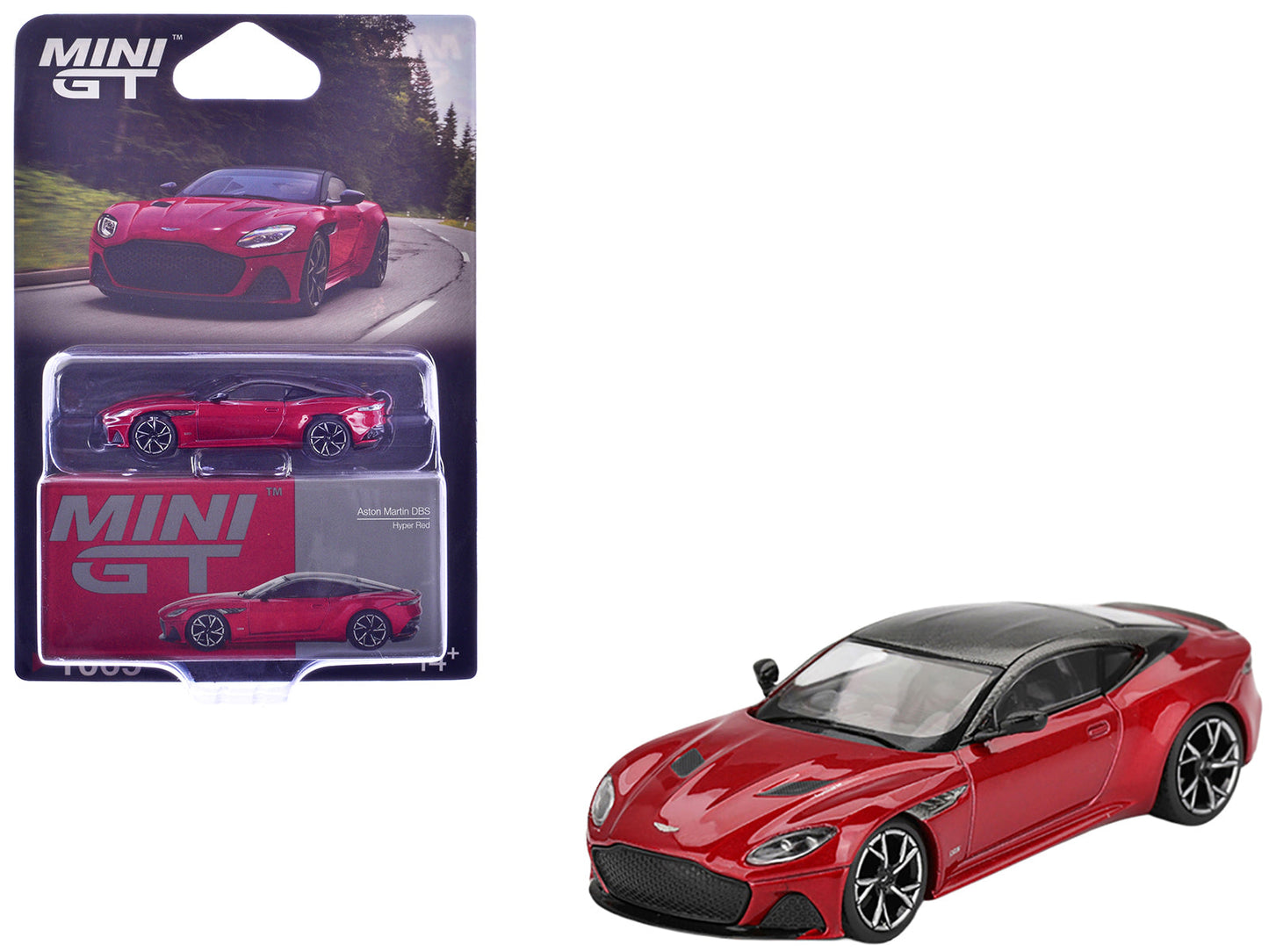 Aston Martin DBS RHD (Right Hand Drive) Hyper Red Metallic with Carbon Top Limited Edition 1/64 Diecast Model Car by Mini GT free shipping USA