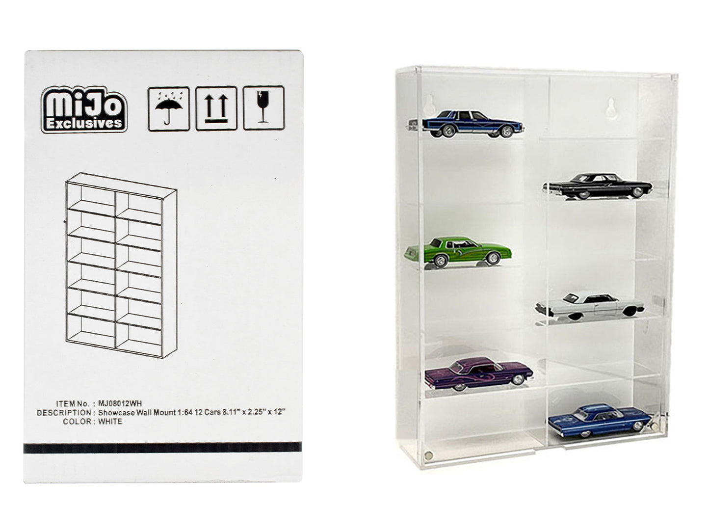 Showcase 12 Car Display Case Wall Mount with White Back Panel "Mijo Exclusives" for 1/64 Scale Models free shipping USA