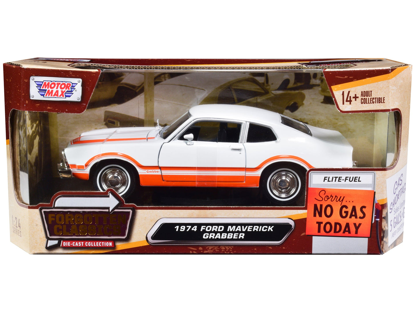1974 Ford Maverick Grabber White with Orange Stripes "Forgotten Classics" Series 1/24 Diecast Model Car by Motormax free shipping USA