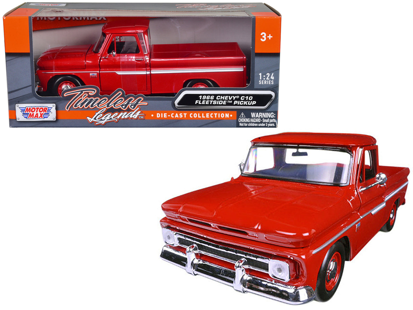 1966 Chevrolet C10 Fleetside Pickup Truck Red 1/24 Diecast Model Car by Motormax free shipping USA