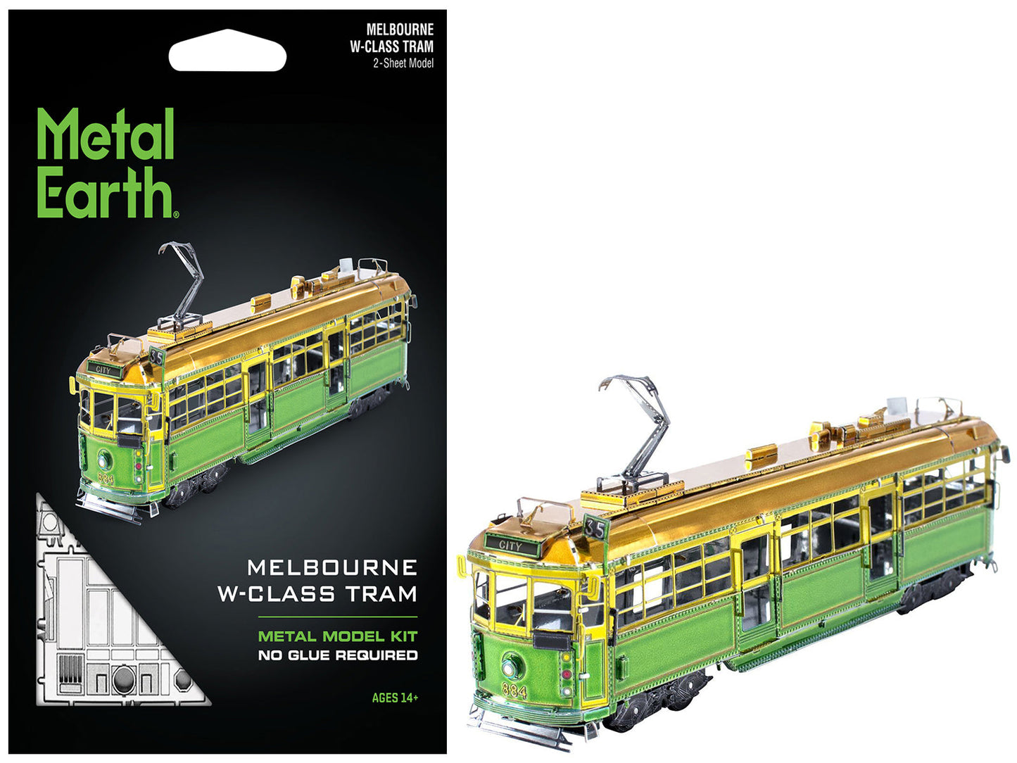 Model Kit Melbourne W-class Tram Green and Gold (Moderate Difficulty) Steel Model by Metal Earth - Use code SHOPAPP15 to get 15 percent off free shipping USA