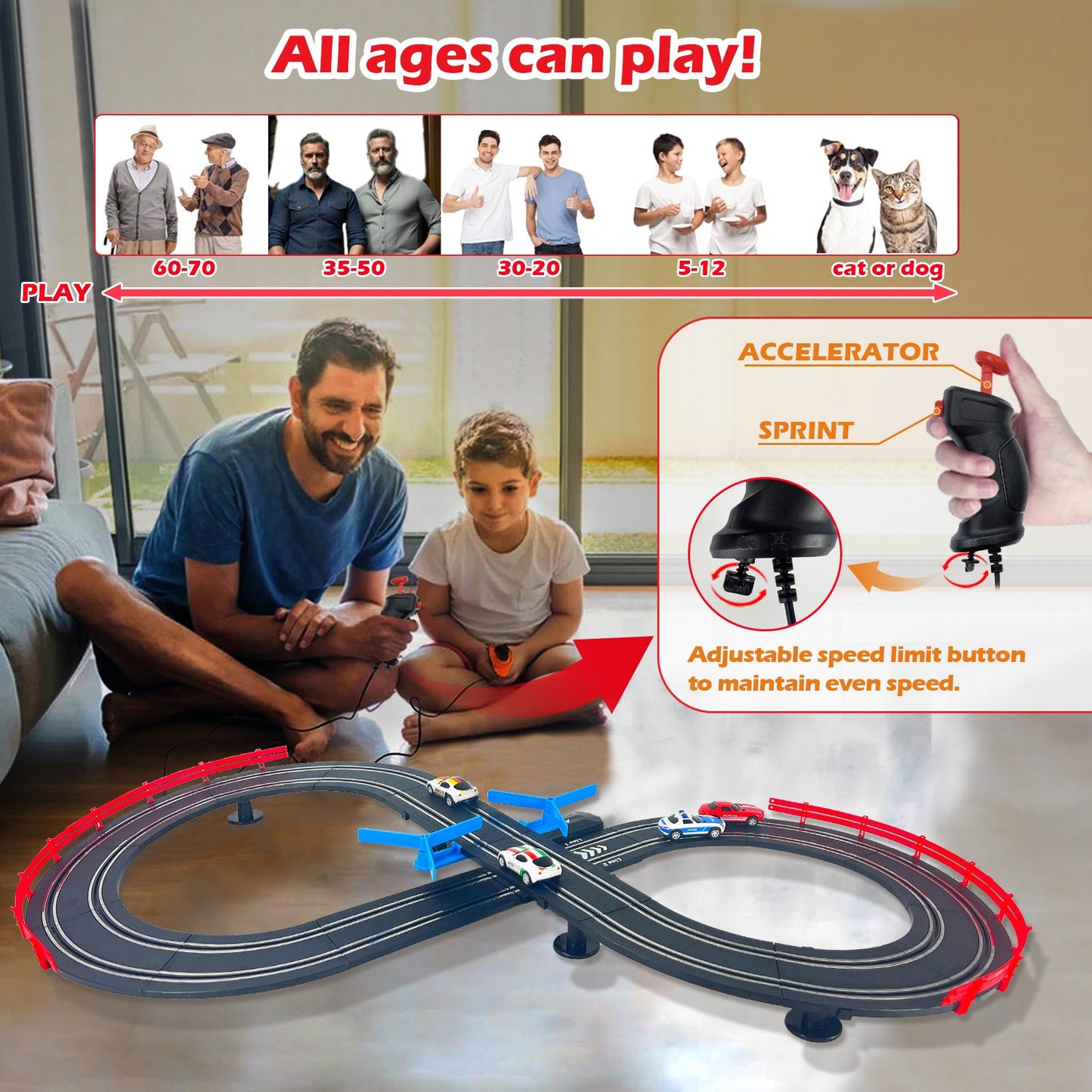 MR-01 Slot Car Racing Set – 4 Cars Deluxe Electric Race Track with Lights for 2 Players