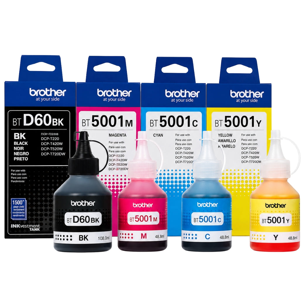 New, Pre-Owned - Original Brother BT5001 Tri-Color & BTDR60BK Black ink bottle-4 Pack