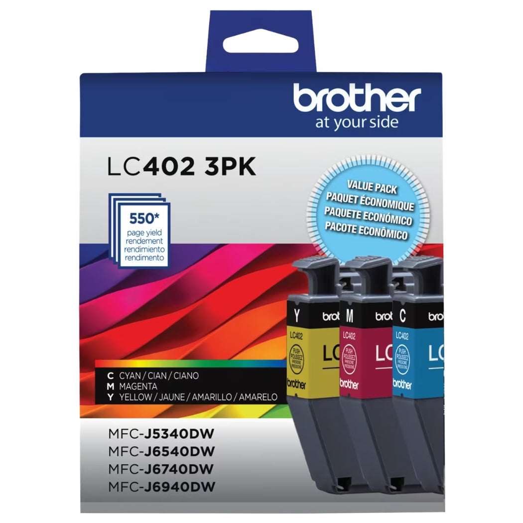 New, Pre-Owned - Brother LC402 3-Pack Cyan, Magenta and Yellow Ink Cartridges