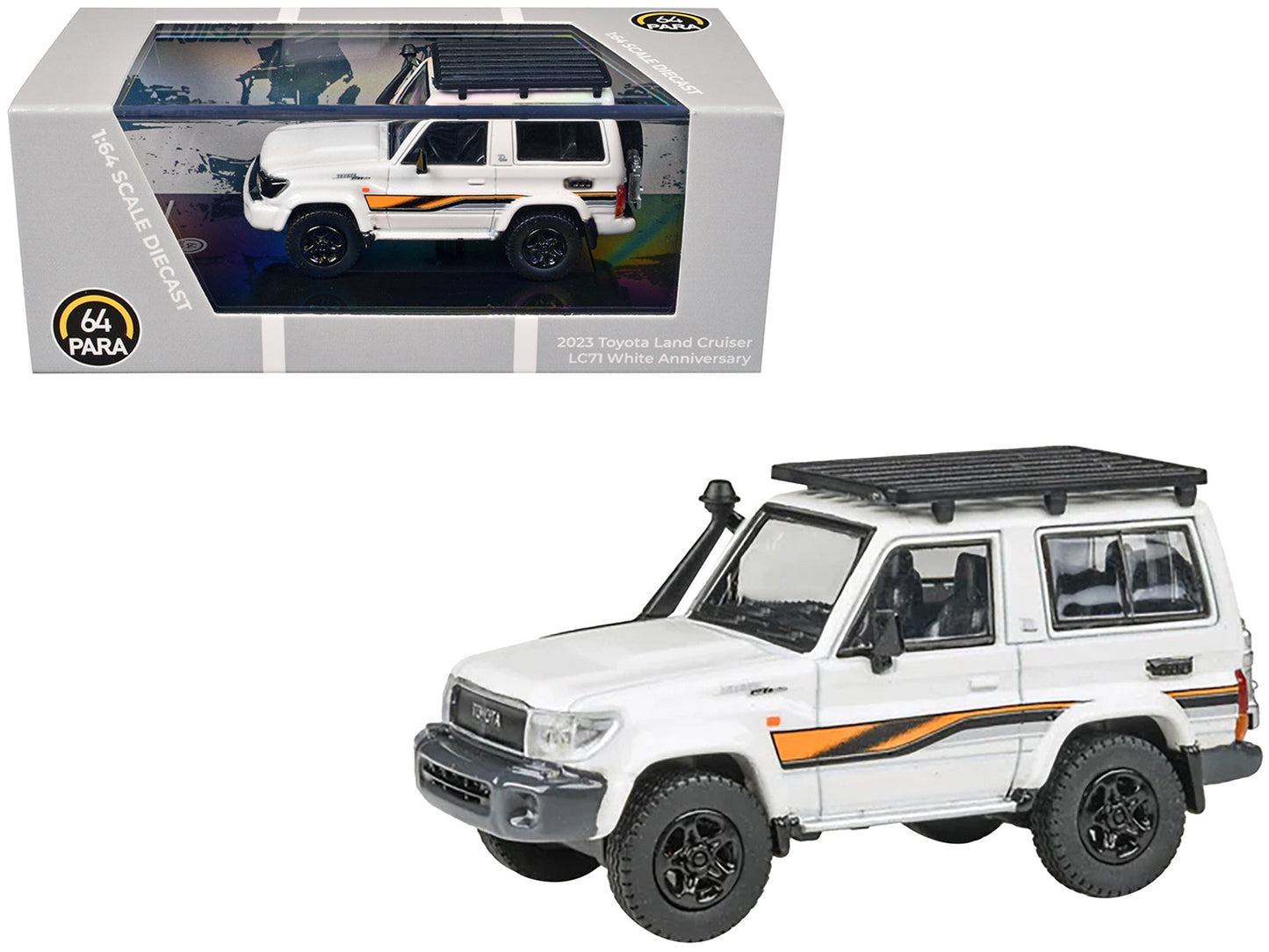 2023 Toyota Land Cruiser 71 White "70th Anniversary" with Stripes and Roofrack 1/64 Diecast Model Car by Paragon Models free shipping USA