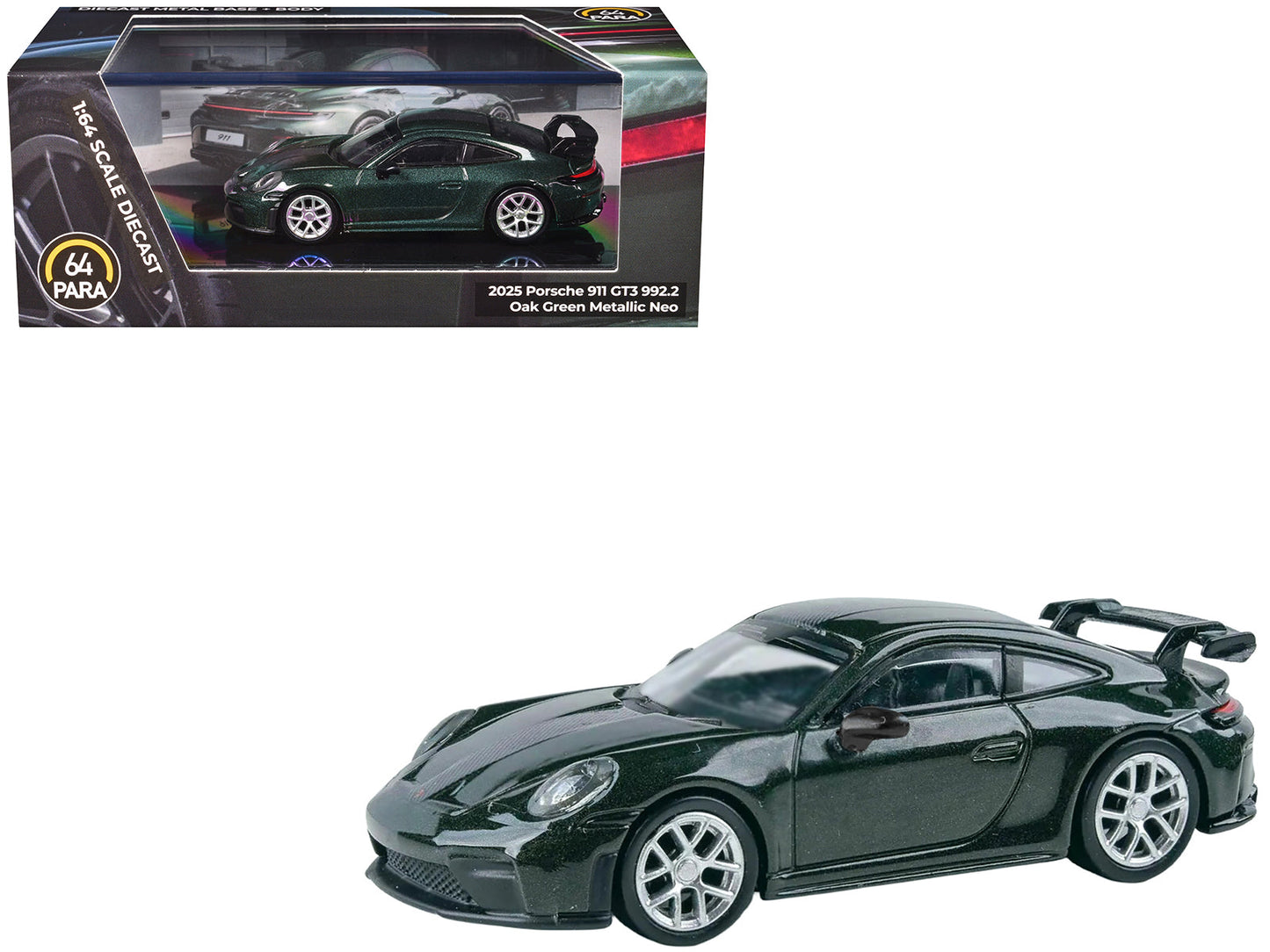 2025 Porsche 911 GT3 (992.2) Oak Green Metallic Neo with Carbon Stripe 1/64 Diecast Model Car by Paragon free shipping USA