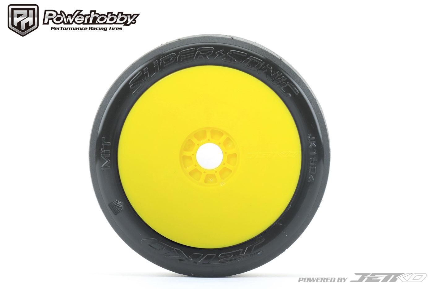 Powerhobby 1/8 Buggy Super Sonic Belted Tires Mounted on Yellow Dish Wheels