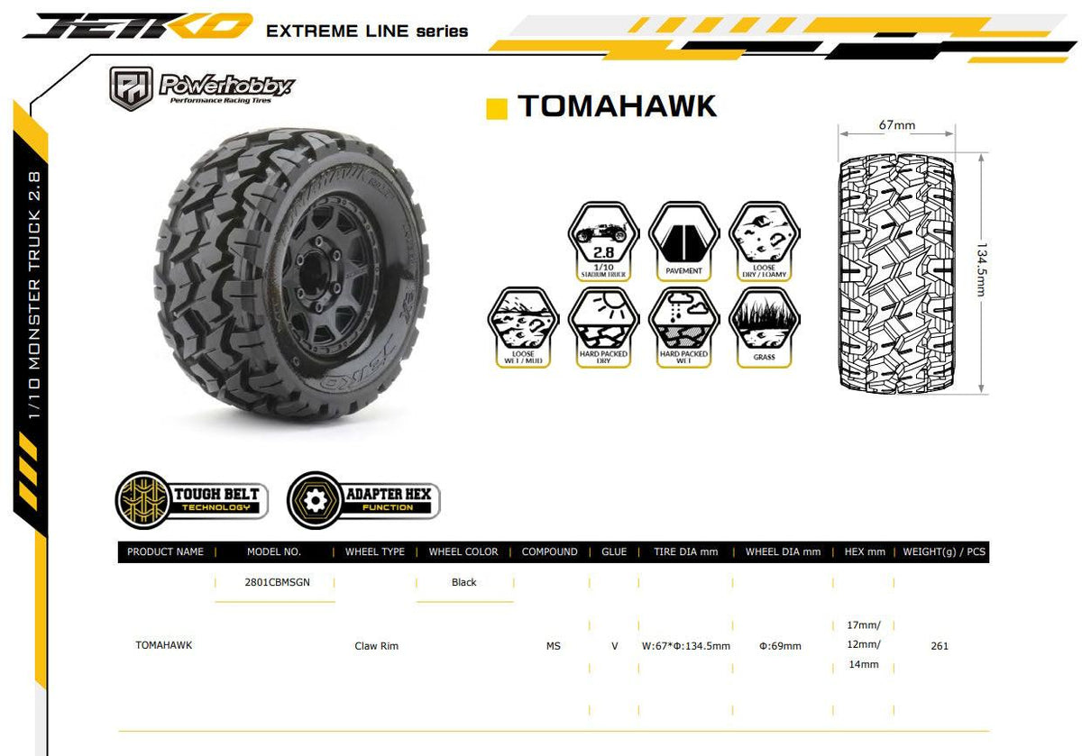 Powerhobby 1/10 2.8 MT Tomahawk Belted Tires (2) with Removable Hex Wheels
