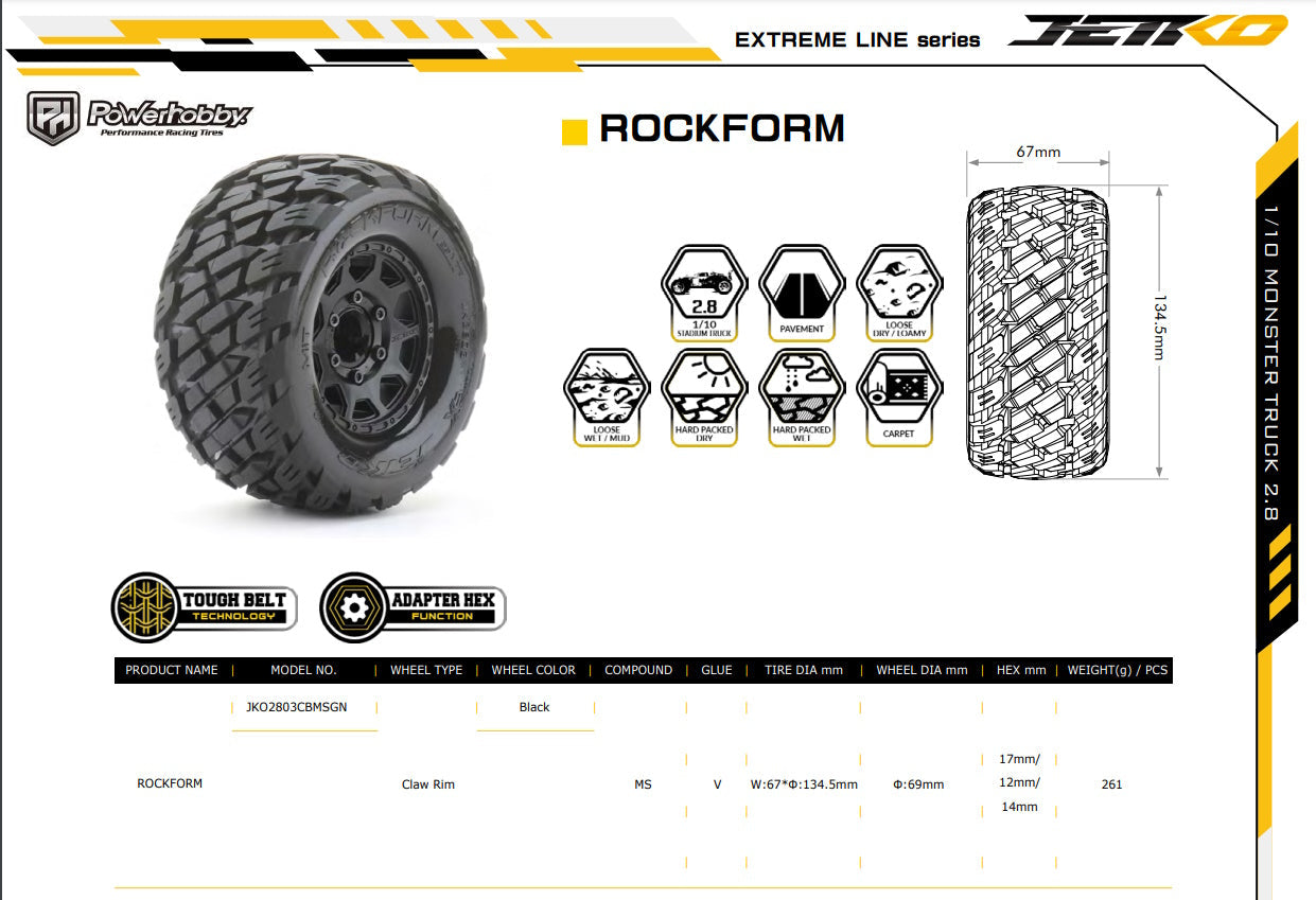 Powerhobby 1/10 2.8 MT Rockform Belted Tires (2) with Removable Hex Wheels