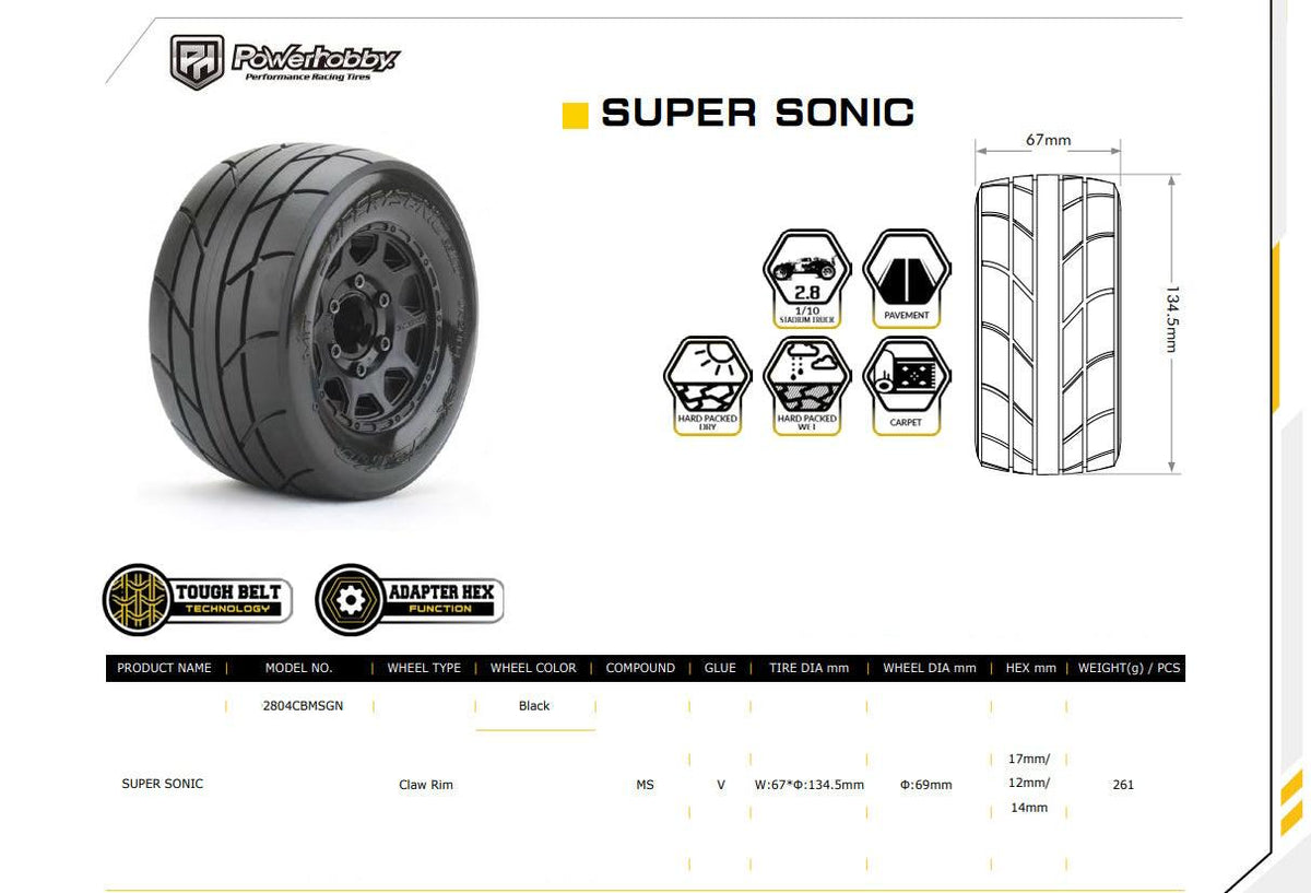 Powerhobby 1/10 2.8 MT Super Sonic Tires (2) with Removable Hex Wheels