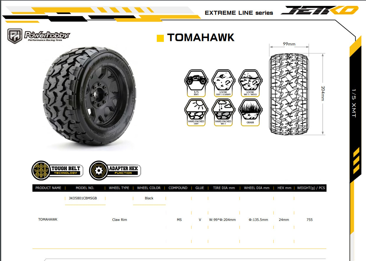 Powerhobby Tomahawk 1/5 Belted Tires (2) FOR Traxxas X-Maxx Arrma Losi DBXL-E