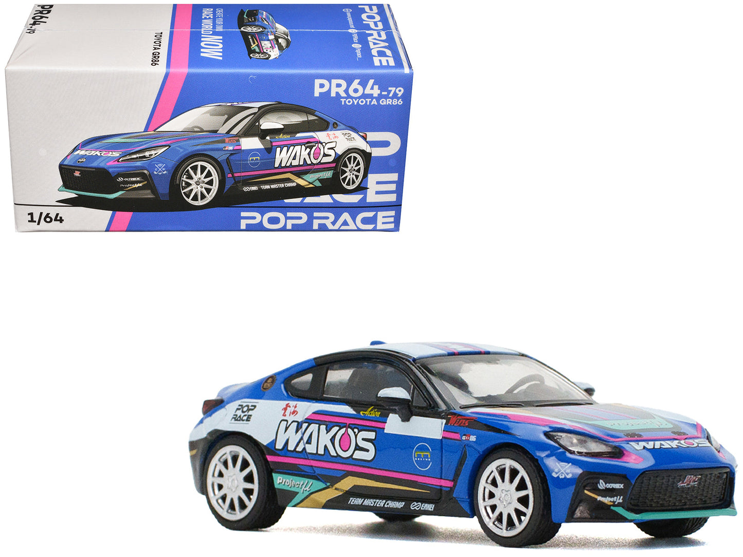 Toyota GR86 "Wako's" Blue with Graphics 1/64 Diecast Model Car by Pop Race free shipping USA