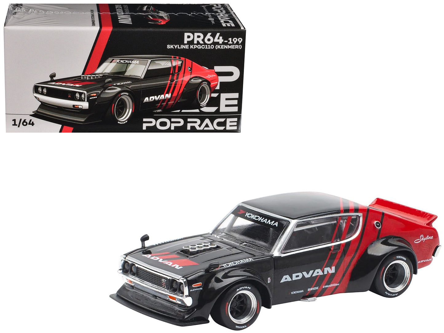 Skyline KPGC110 "Kenmeri" RHD (Right Hand Drive) "ADVAN" Black and Red 1/64 Diecast Model Car by Pop Race free shipping USA