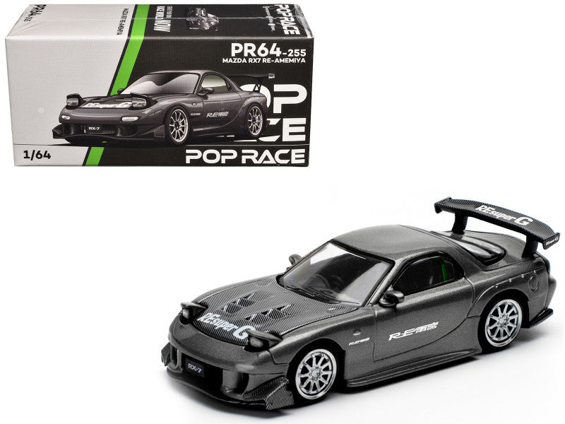 Mazda RX7 (FD) "RE Amemiya" Widebody RHD (Right Hand Drive) Gunmetal Gray Metallic with Carbon Hood 1/64 Diecast Model Car by Pop Race free shipping USA