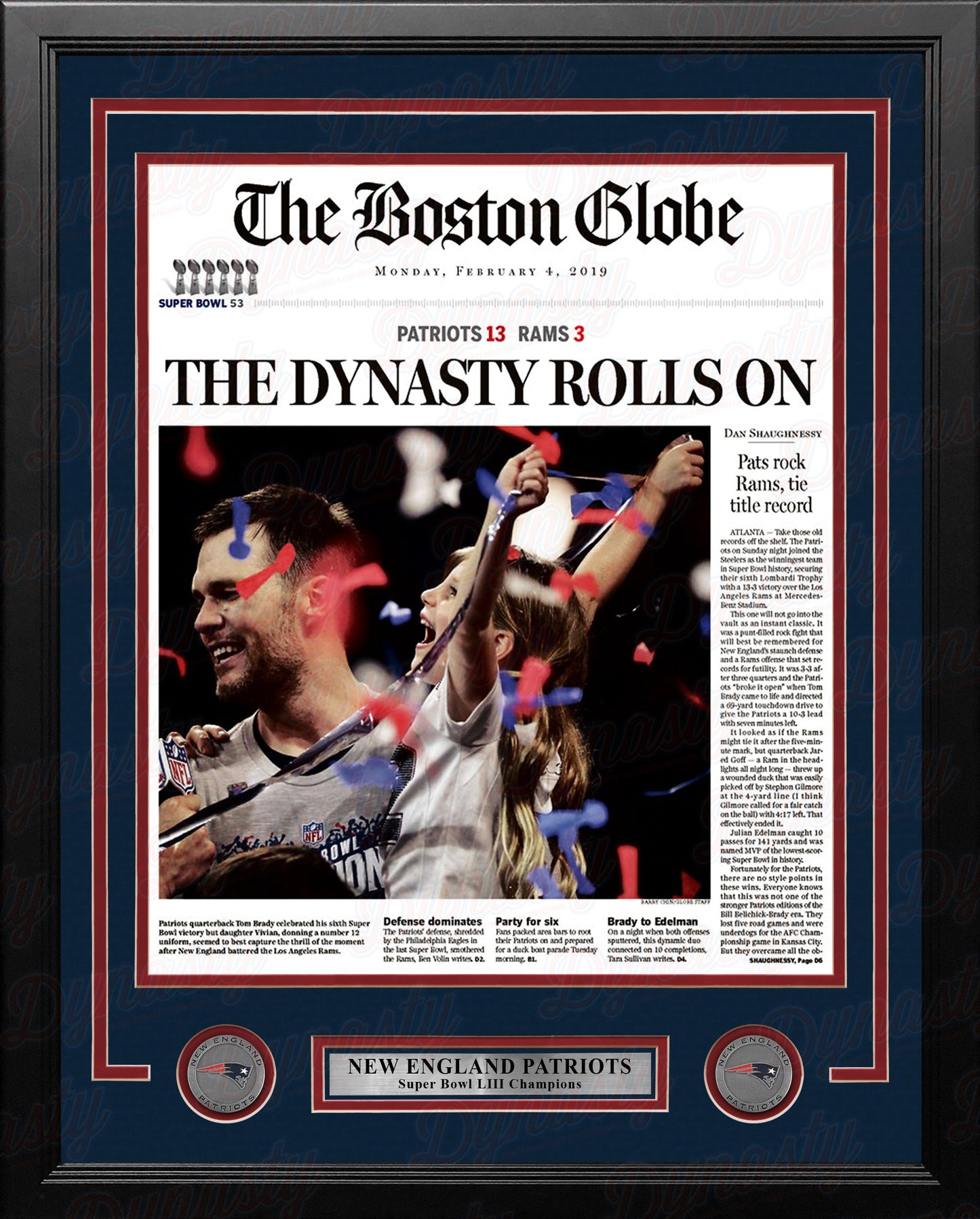 New England Patriots Super Bowl LIII Champions Framed Boston Globe Photo