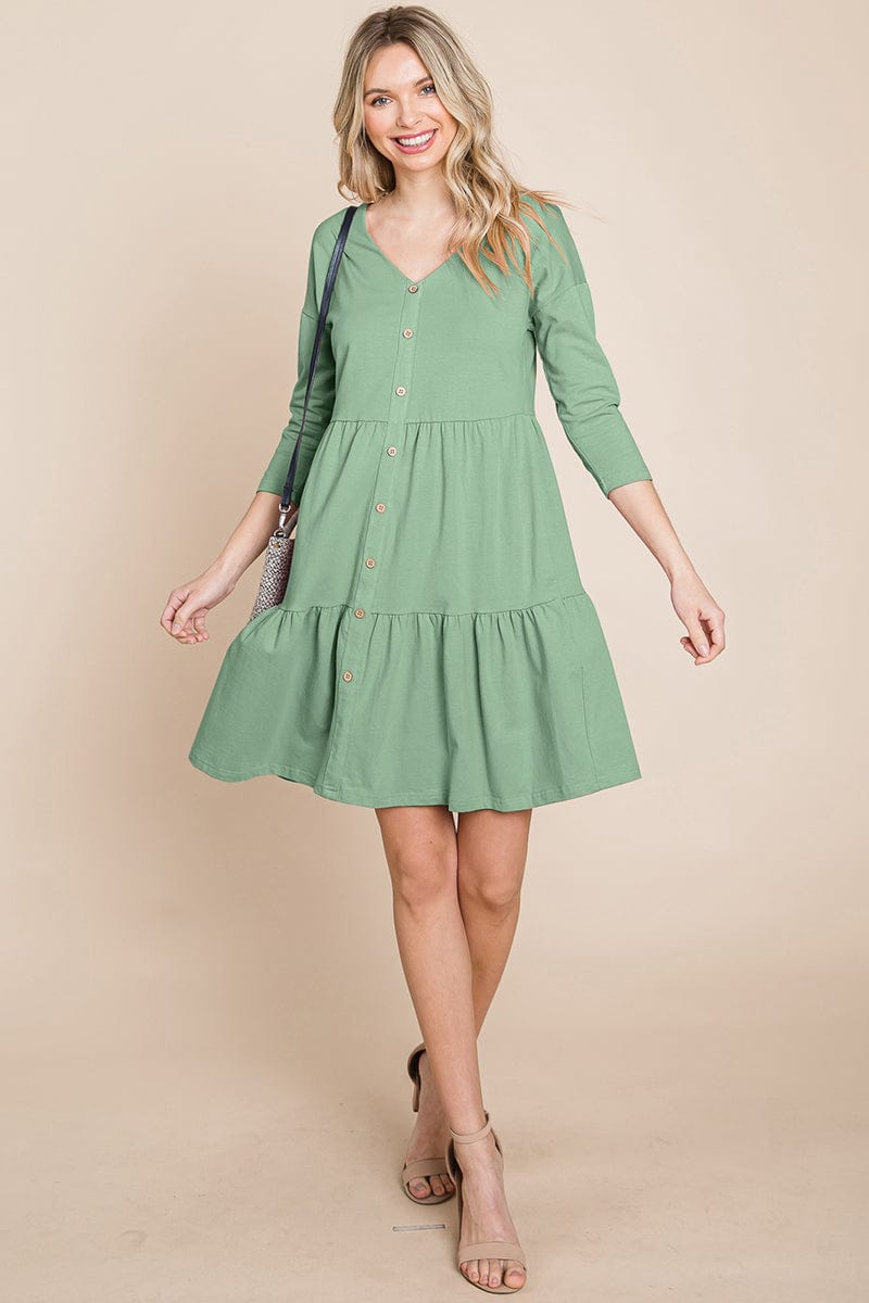 V neck Button Front Tiered Babydoll dress by RolyPoly Apparel