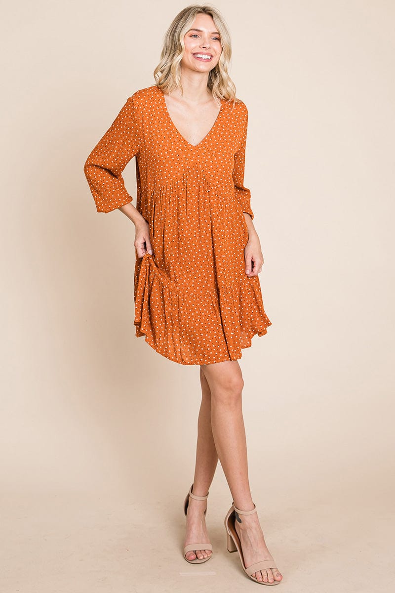 V neck Floral Printed Long Sleeve Pleated Dress by RolyPoly Apparel