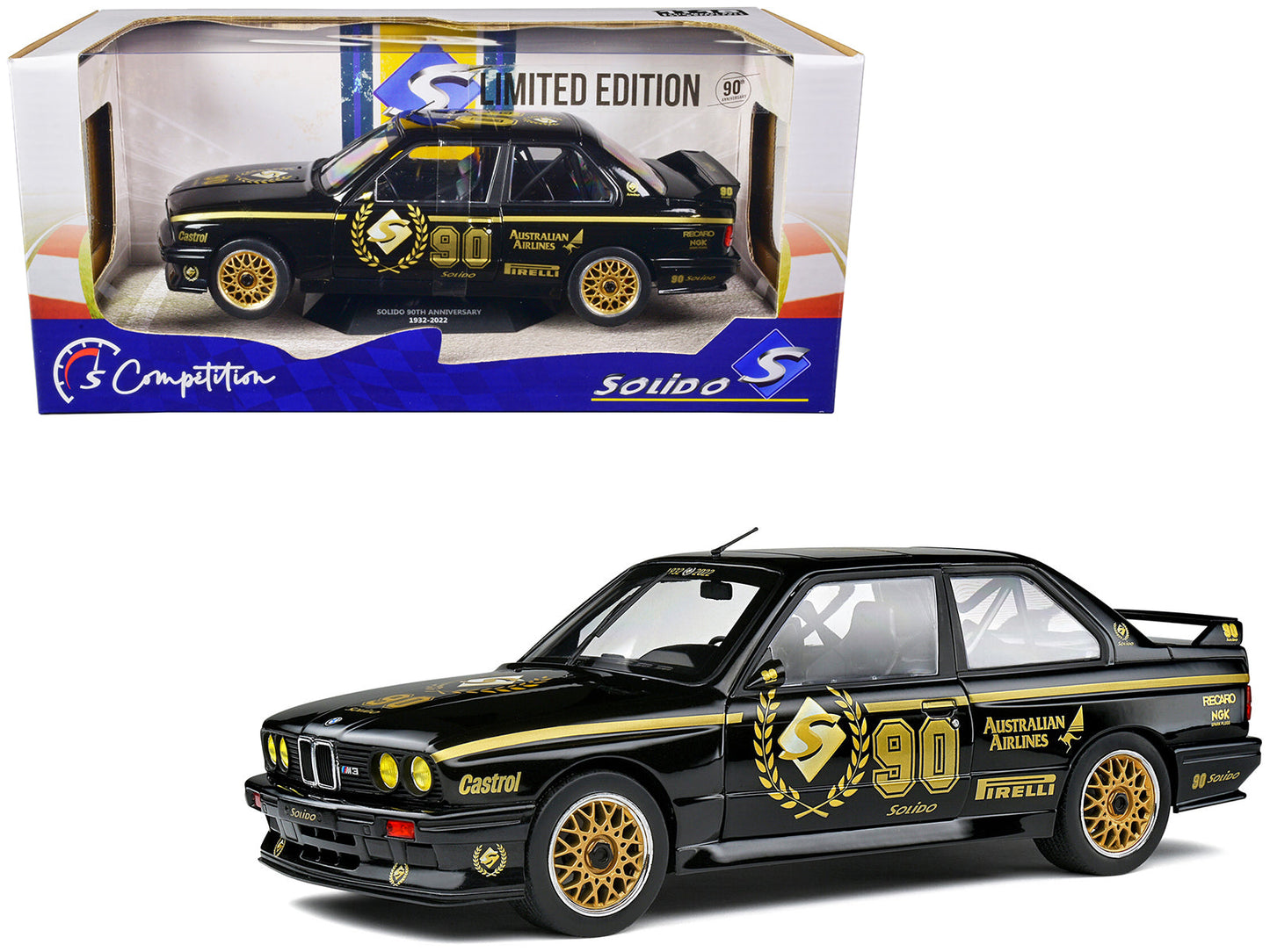 1990 BMW E30 M3 Black "Solido 90th Anniversary" Livery Limited Edition "Competition" Series 1/18 Diecast Model Car by Solido free shipping USA