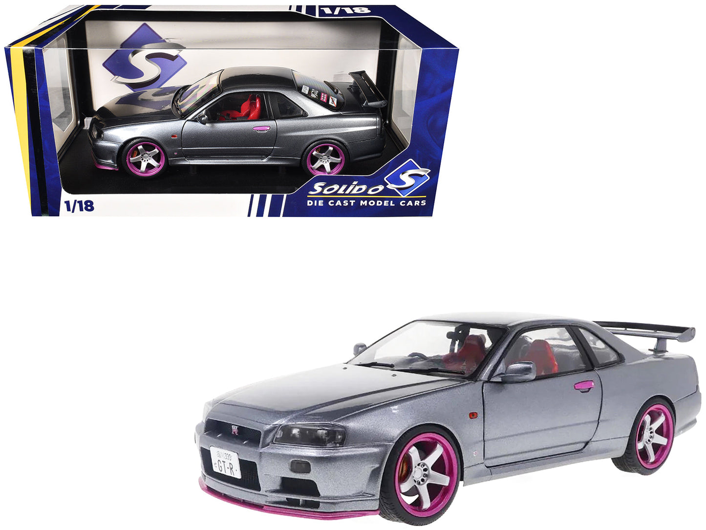 1999 Nissan Skyline GT-R (R34) RHD (Right Hand Drive) Silver Metallic with Purple Wheels 1/18 Diecast Model Car by Solido free shipping USA