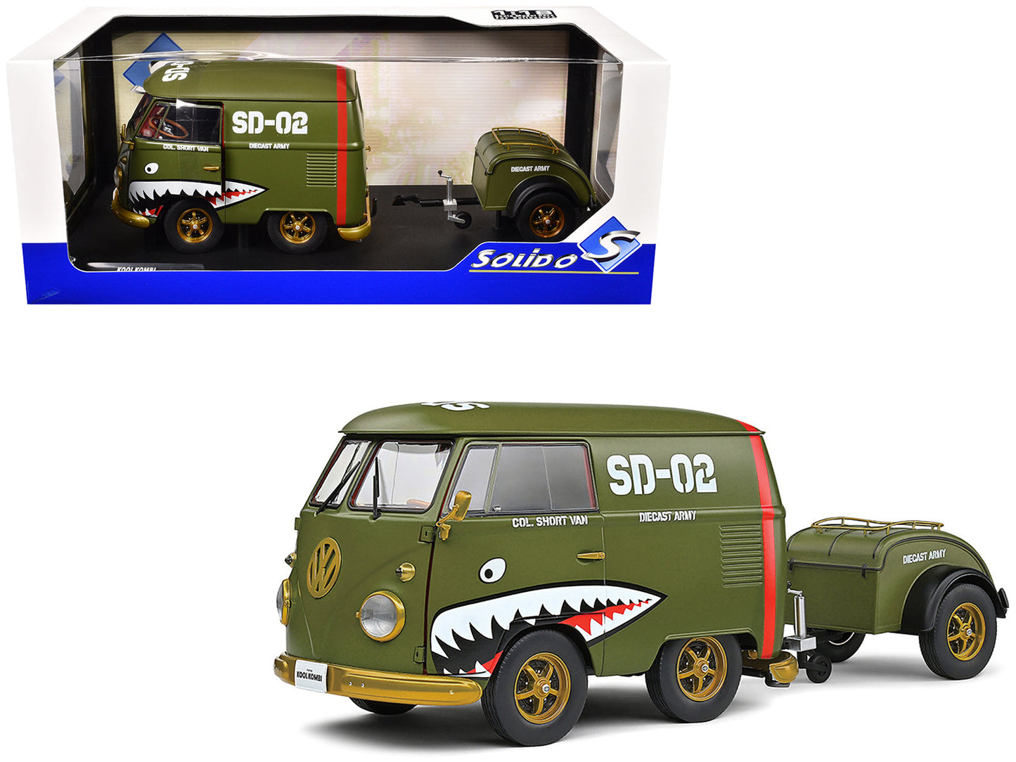 1950 Volkswagen Kool Kombi Van with Trailer "Army Fighter" Green with Graphics 1/18 Diecast Model Car by Solido free shipping USA