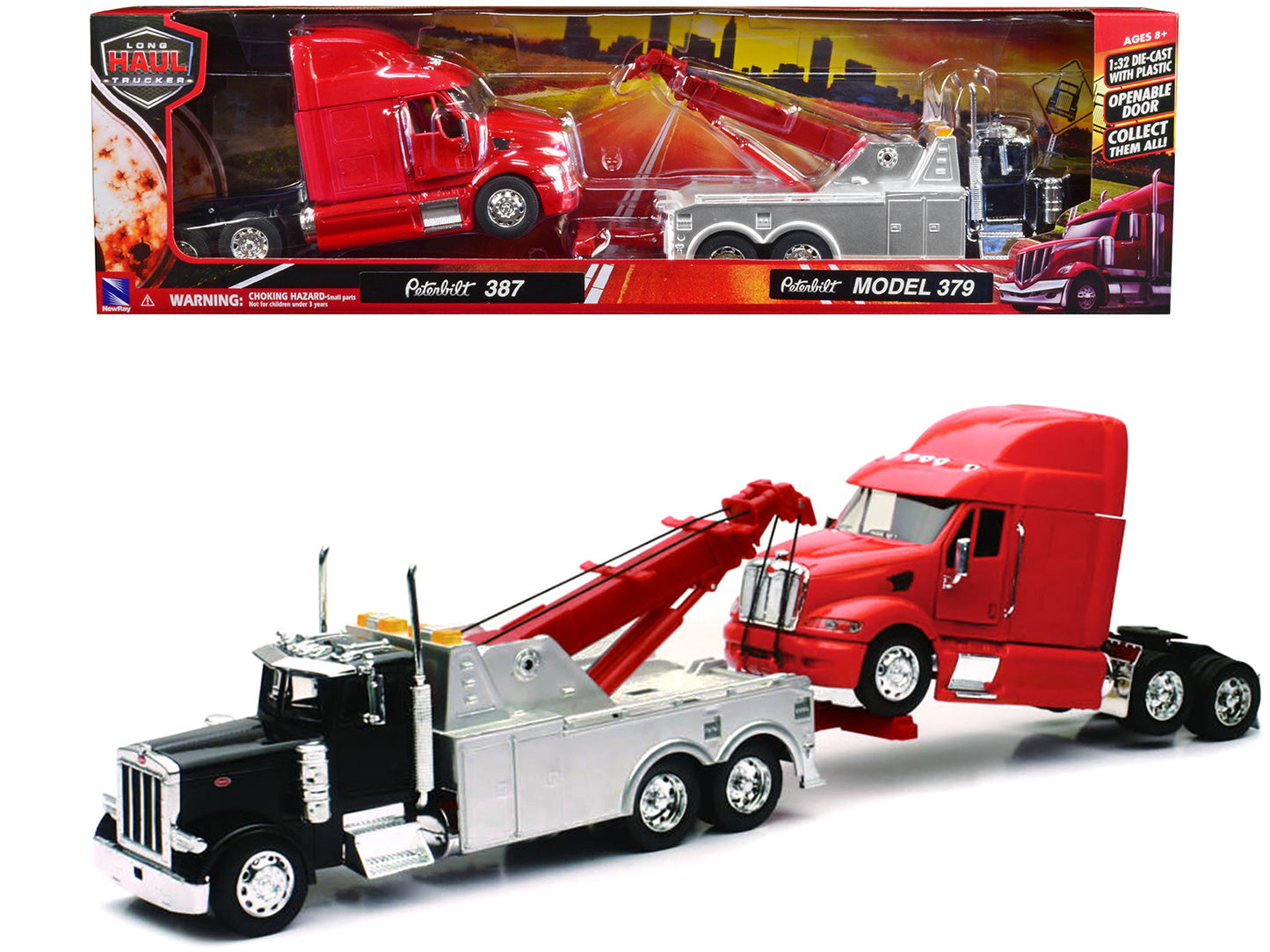 Peterbilt 379 Tow Truck Black with Peterbilt 387 Truck Tractor Red Set of 2 pieces 1/32 Diecast Model by New Ray free shipping USA