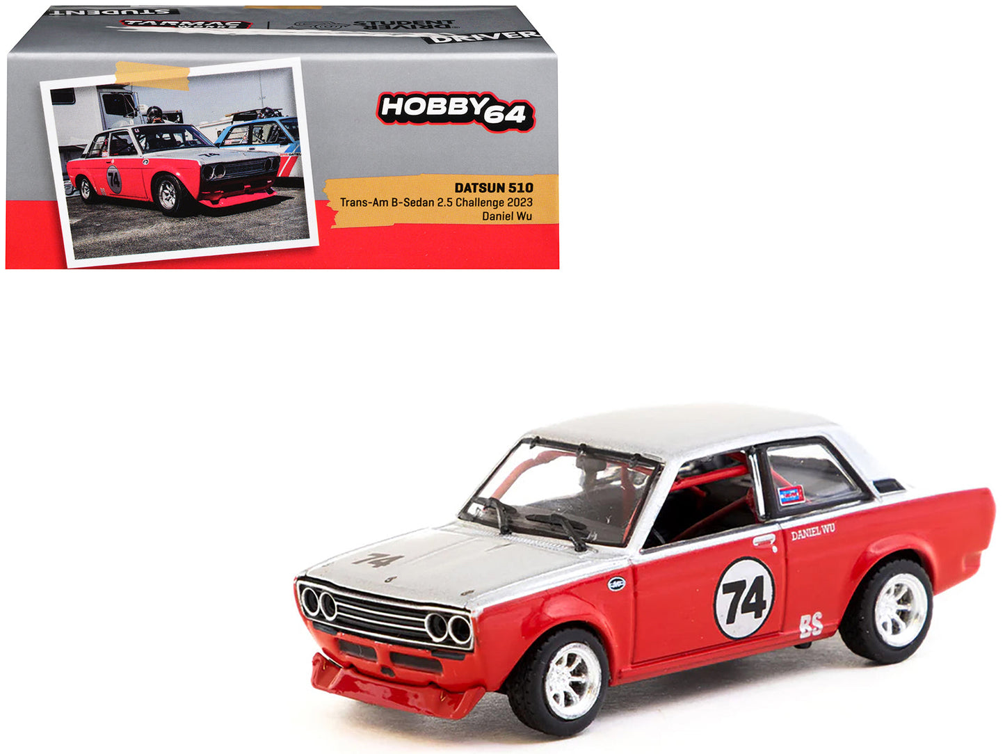 Datsun 510 #74 Daniel Wu "Trans-Am B-Sedan 2.5 Challenge" (2023) Silver and Red "Hobby64" Series 1/64 Diecast Model Car by Tarmac Works free shipping USA