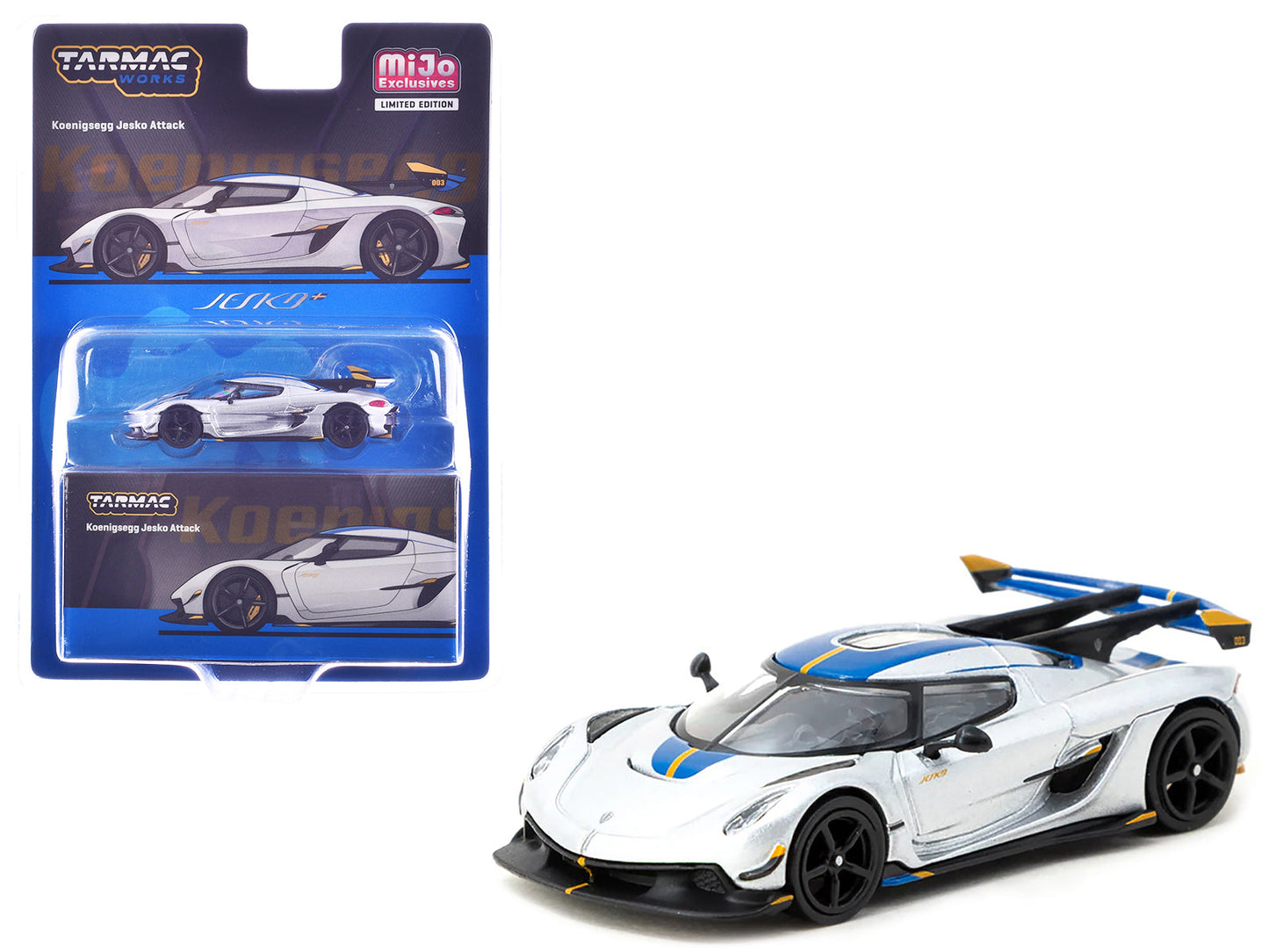 Koenigsegg Jesko Attack Silver Metallic with Blue Stripes "Global64" Series 1/64 Diecast Model by Tarmac Works free shipping USA