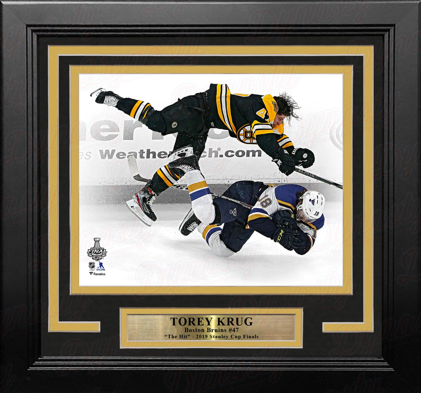 Torey Krug Boston Bruins 2019 Stanley Cup Finals Game 1 Hit 8" x 10" Framed Hockey Photo