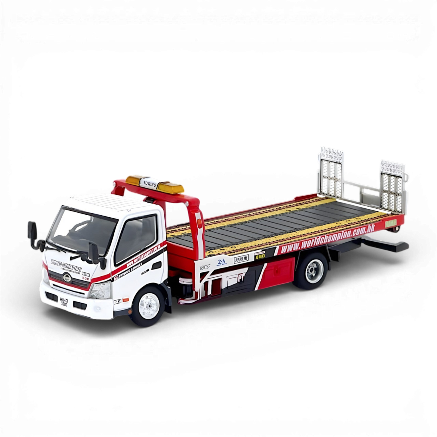 Unique Model Hino 300 Dutro Flatbed Tow Truck World Champion 1:64