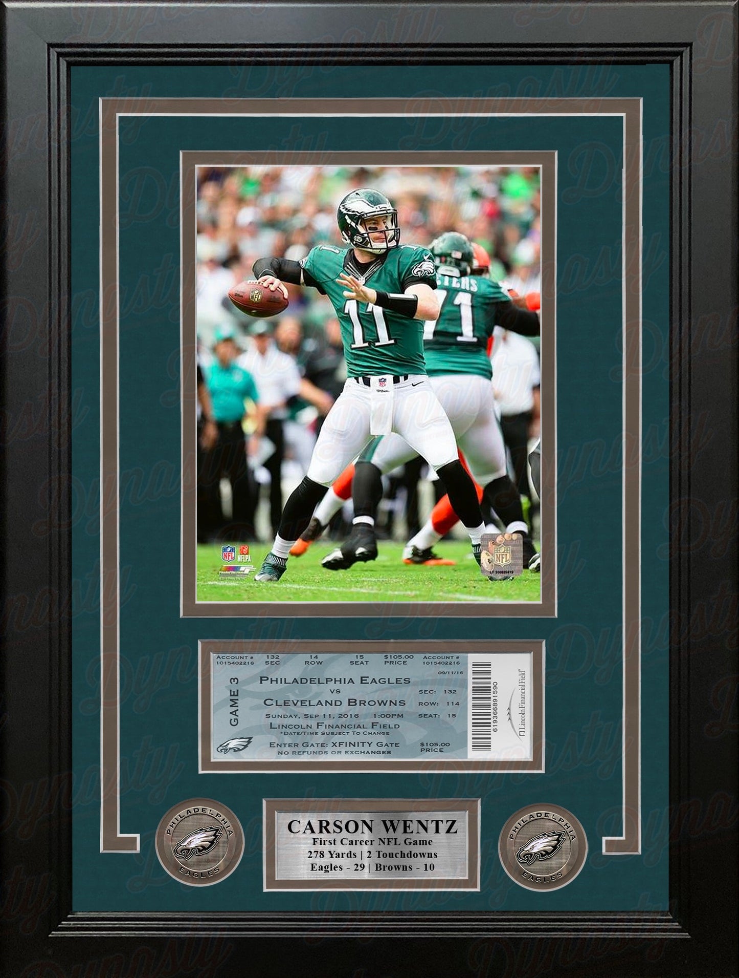 Carson Wentz 1st Career Win Philadelphia Eagles 16x20 Framed Photo with Replica 1st Win Game Ticket