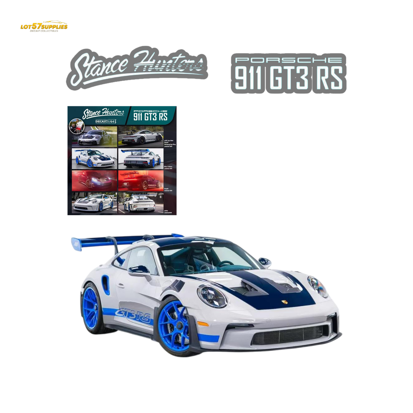 (Pre-Order) Stance Hunters Porsche 911 GT3 RS - White - Blue Carbon 1:64